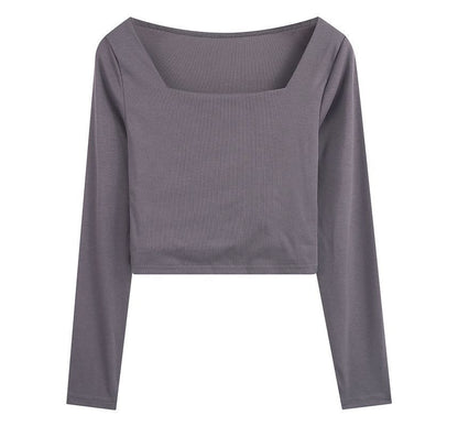 Square-Neck Plain Crop T-Shirt (Various Designs)