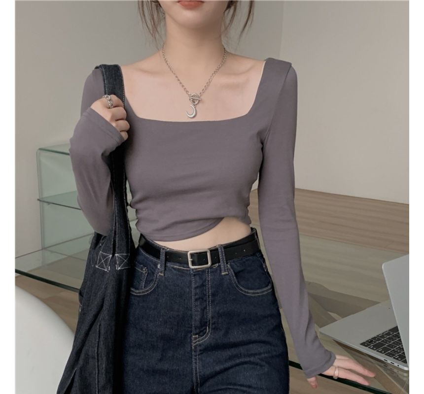 Square-Neck Plain Crop T-Shirt (Various Designs)