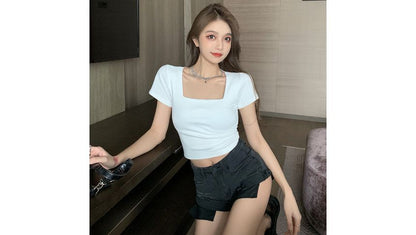 Square-Neck Plain Crop T-Shirt (Various Designs)