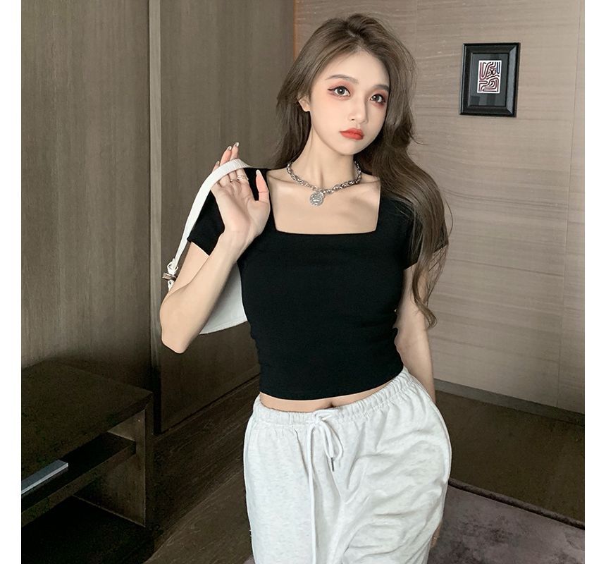 Square-Neck Plain Crop T-Shirt (Various Designs)