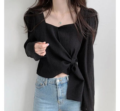 Puff-Sleeve Sweetheart-Neckline Plain Tie-Side Blouse