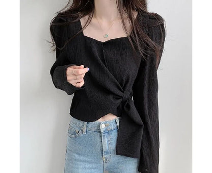 Puff-Sleeve Sweetheart-Neckline Plain Tie-Side Blouse