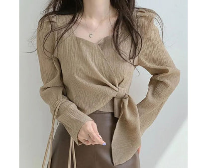 Puff-Sleeve Sweetheart-Neckline Plain Tie-Side Blouse