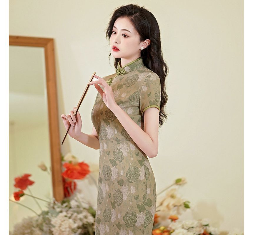 Short-Sleeve Floral Mini Qipao