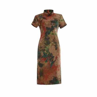 Short-Sleeve Floral Mini Qipao