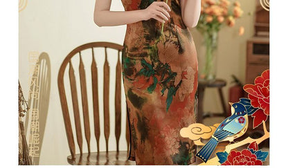 Short-Sleeve Floral Mini Qipao