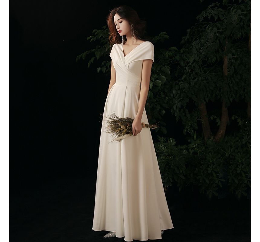 Short-Sleeve V-Neck Plain Ruched A-Line Cocktail Dress (Various Designs)