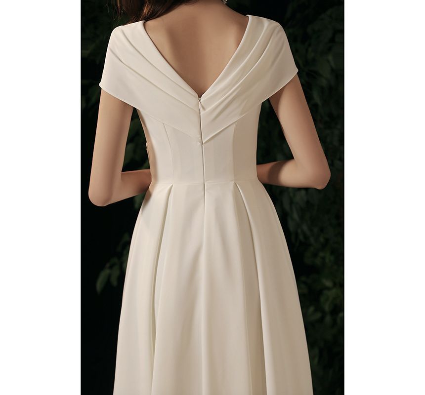 Short-Sleeve V-Neck Plain Ruched A-Line Cocktail Dress (Various Designs)