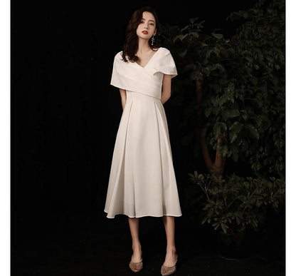 Short-Sleeve V-Neck Plain Ruched A-Line Cocktail Dress (Various Designs)