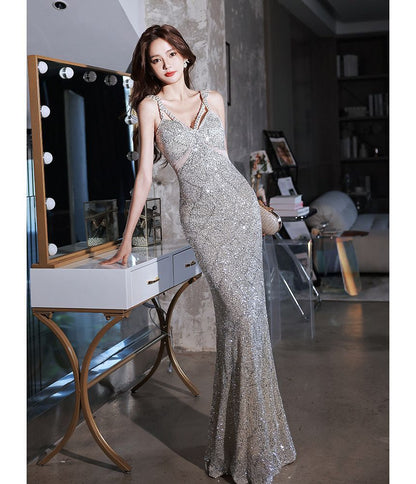 Strap V-Neck Gown Evening Mermaid Sequin Pearl Beaded Spaghetti Faux Plain