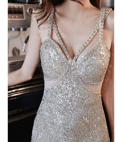 Strap V-Neck Gown Evening Mermaid Sequin Pearl Beaded Spaghetti Faux Plain