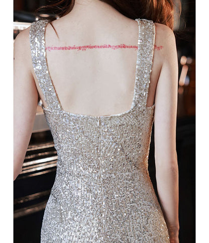 Strap V-Neck Gown Evening Mermaid Sequin Pearl Beaded Spaghetti Faux Plain