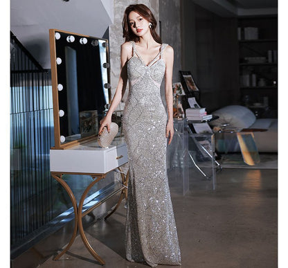 Strap V-Neck Gown Evening Mermaid Sequin Pearl Beaded Spaghetti Faux Plain