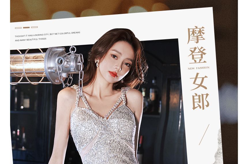 Strap V-Neck Gown Evening Mermaid Sequin Pearl Beaded Spaghetti Faux Plain