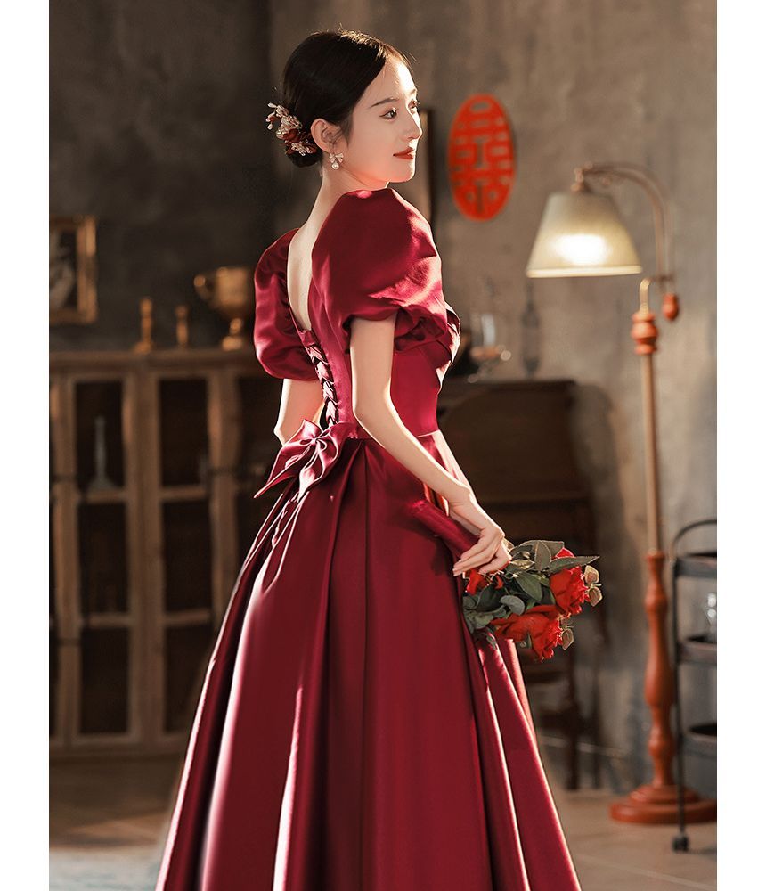 Puff Sleeve Square Neck Plain Pleated Bow A-Line Evening Gown