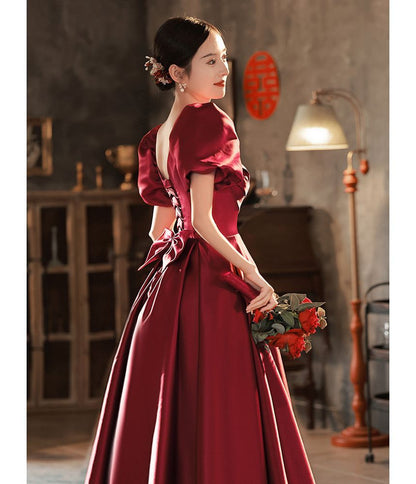 Puff Sleeve Square Neck Plain Pleated Bow A-Line Evening Gown