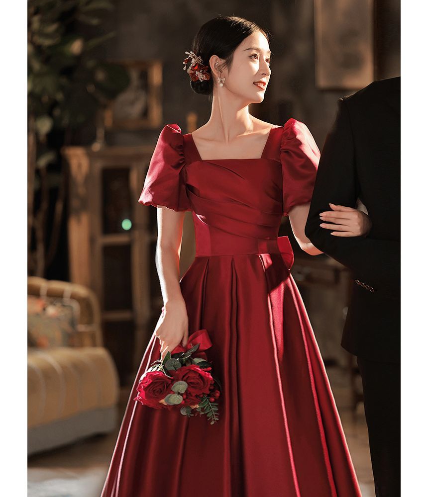 Puff Sleeve Square Neck Plain Pleated Bow A-Line Evening Gown