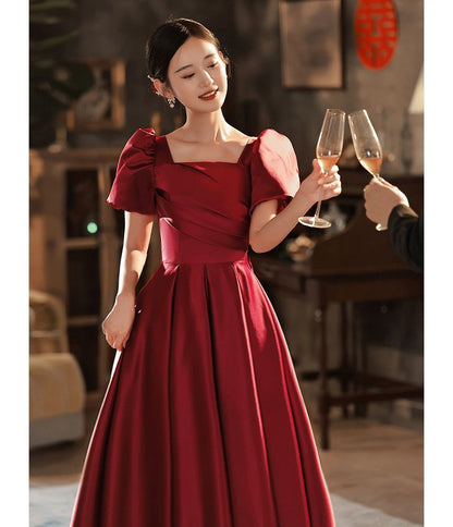 Puff Sleeve Square Neck Plain Pleated Bow A-Line Evening Gown