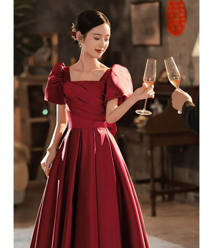 Puff Sleeve Square Neck Plain Pleated Bow A-Line Evening Gown