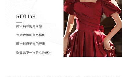 Puff Sleeve Square Neck Plain Pleated Bow A-Line Evening Gown