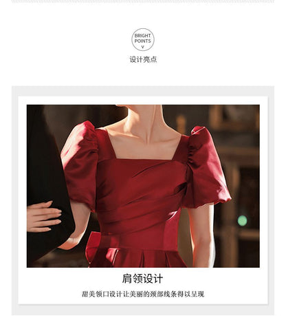 Puff Sleeve Square Neck Plain Pleated Bow A-Line Evening Gown