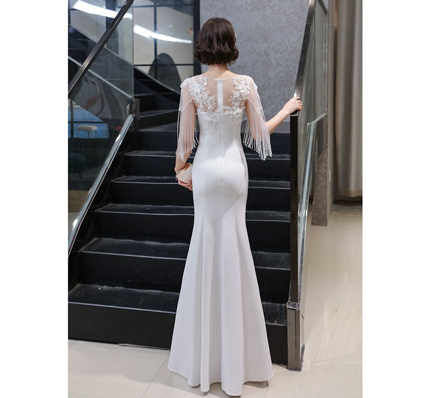 Short-Sleeve Boat Neck Plain Flower Embroidered Beaded Fringe Panel Mesh Mermaid Evening Gown