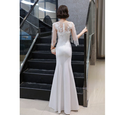 Short-Sleeve Boat Neck Plain Flower Embroidered Beaded Fringe Panel Mesh Mermaid Evening Gown