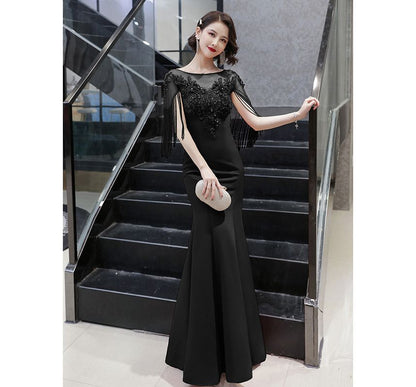 Flower Evening Panel Neck Embroidered Fringe Mesh Boat Short-Sleeve Gown Beaded Plain Mermaid