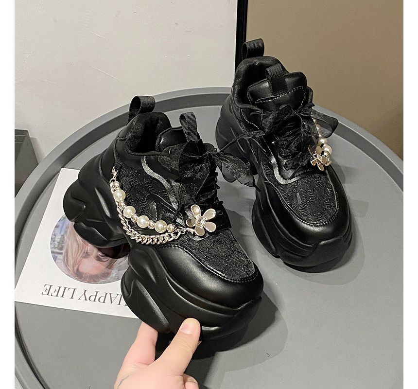Pattered Faux Pearl Lace Panel Platform Lace-Up Sneakers