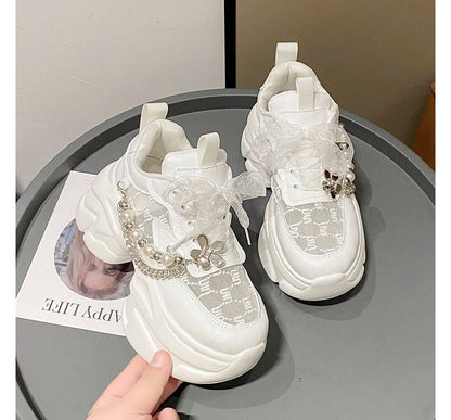 Pattered Faux Pearl Lace Panel Platform Lace-Up Sneakers