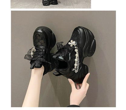 Pattered Faux Pearl Lace Panel Platform Lace-Up Sneakers