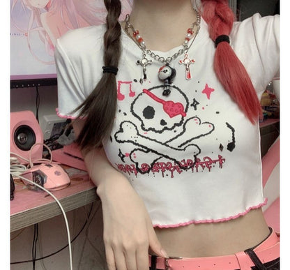 Short-Sleeve Crew Neck Skull Print Contrast Trim Crop Tee