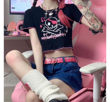 Short-Sleeve Crew Neck Skull Print Contrast Trim Crop Tee
