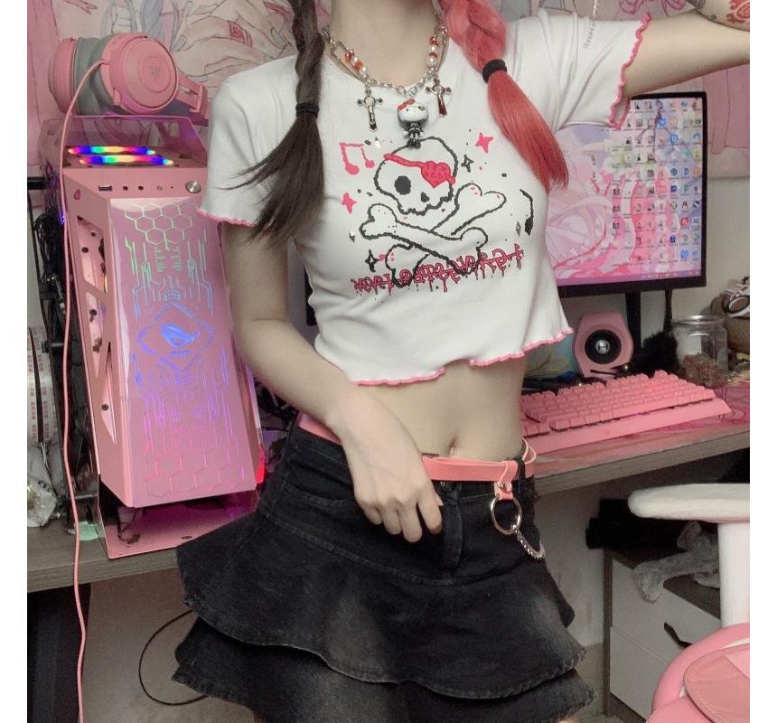 Short-Sleeve Crew Neck Skull Print Contrast Trim Crop Tee