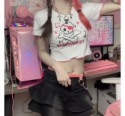 Short-Sleeve Crew Neck Skull Print Contrast Trim Crop Tee