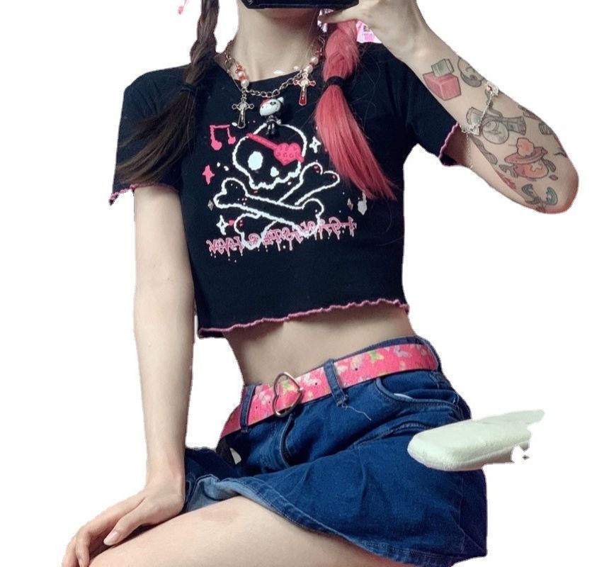 Short-Sleeve Crew Neck Skull Print Contrast Trim Crop Tee
