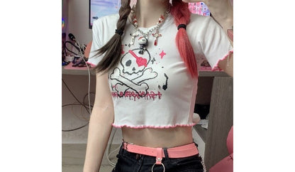 Short-Sleeve Crew Neck Skull Print Contrast Trim Crop Tee