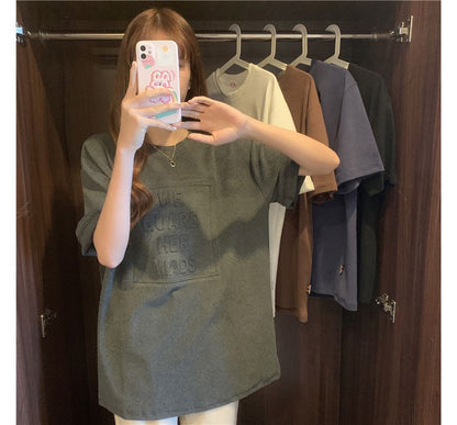 Elbow-Sleeve Crew Neck Plain Lettering Embossed Oversized Tee