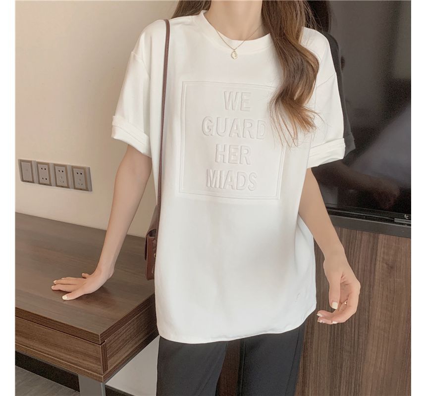 Elbow-Sleeve Crew Neck Plain Lettering Embossed Oversized Tee