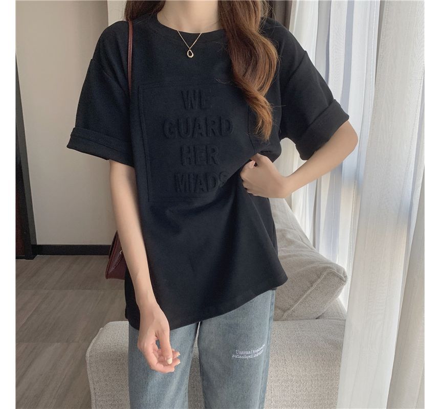Elbow-Sleeve Crew Neck Plain Lettering Embossed Oversized Tee