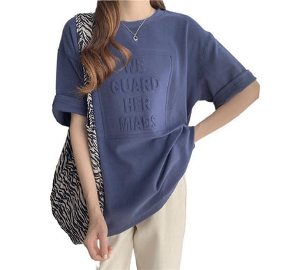 Elbow-Sleeve Crew Neck Plain Lettering Embossed Oversized Tee