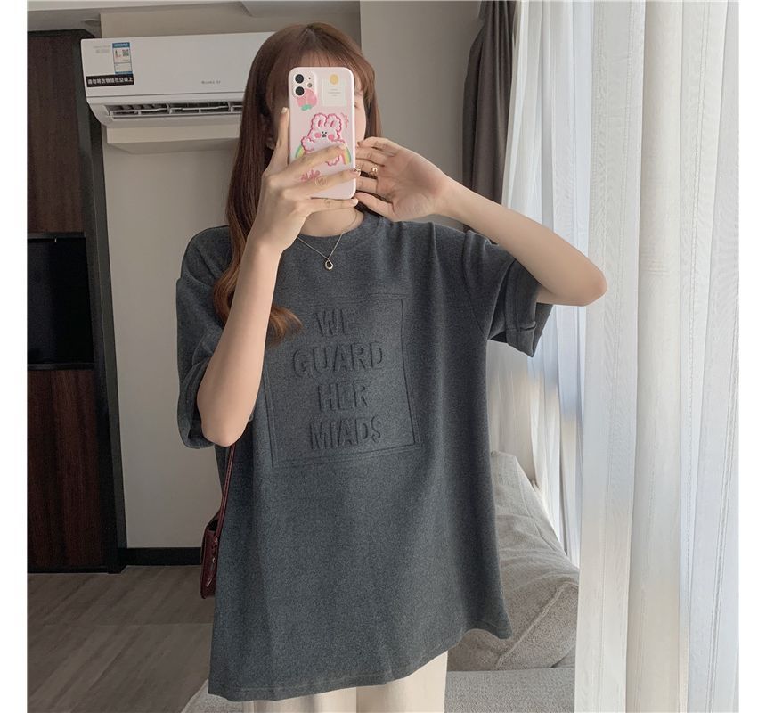 Elbow-Sleeve Crew Neck Plain Lettering Embossed Oversized Tee