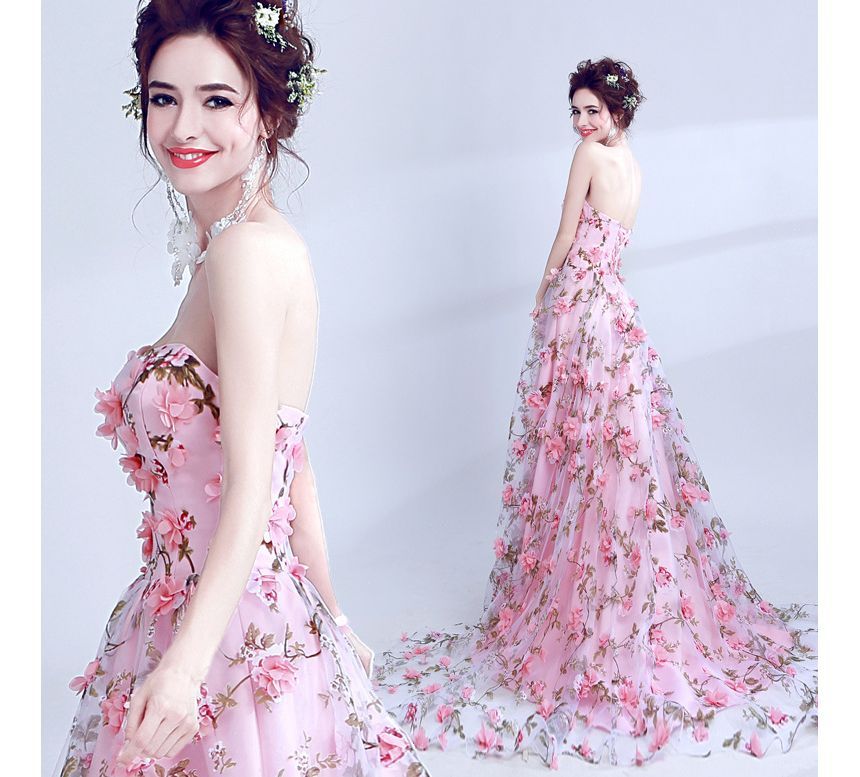 A-Line Strapless Gown Floral Evening Lace