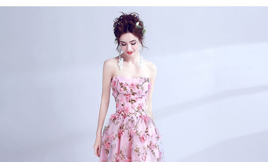 A-Line Strapless Gown Floral Evening Lace