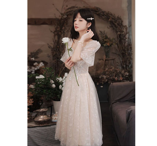 Puff-Sleeve Square-Neck Sequined A-Line Cocktail Dress