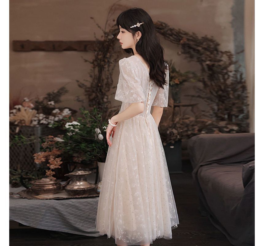 Puff-Sleeve Square-Neck Sequined A-Line Cocktail Dress