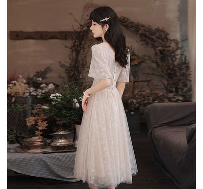 Puff-Sleeve Square-Neck Sequined A-Line Cocktail Dress