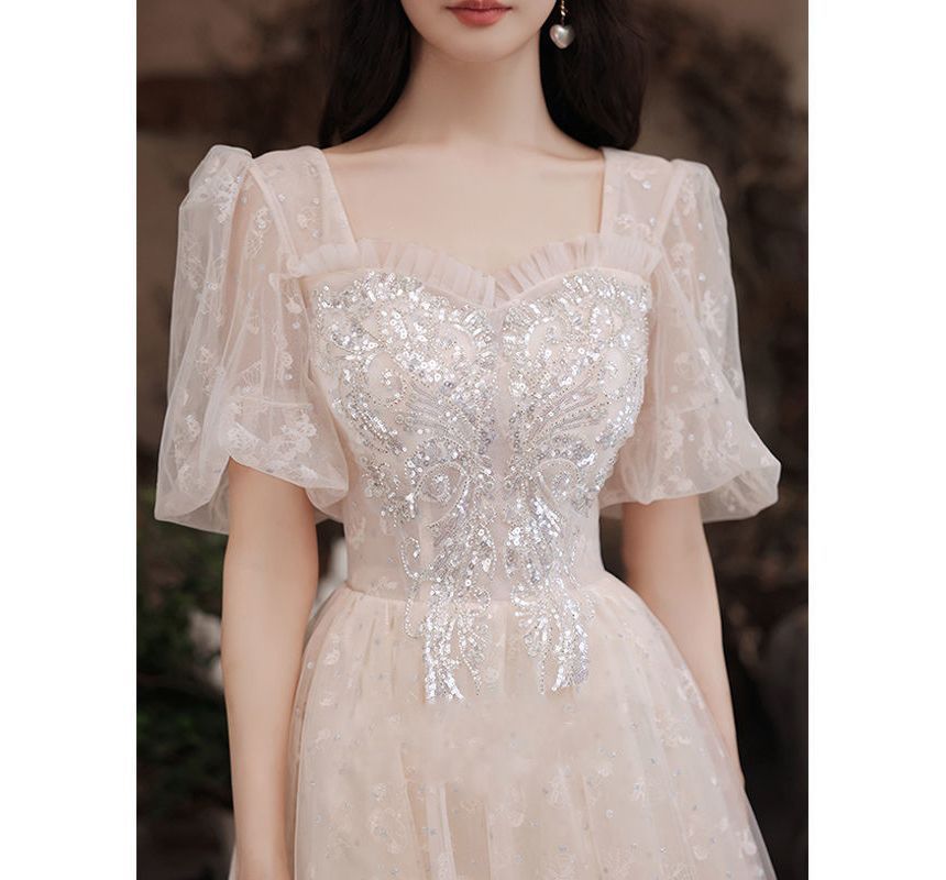 Puff-Sleeve Square-Neck Sequined A-Line Cocktail Dress