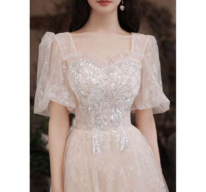 Puff-Sleeve Square-Neck Sequined A-Line Cocktail Dress
