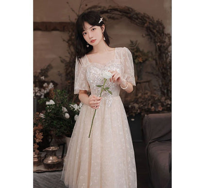 Puff-Sleeve Square-Neck Sequined A-Line Cocktail Dress